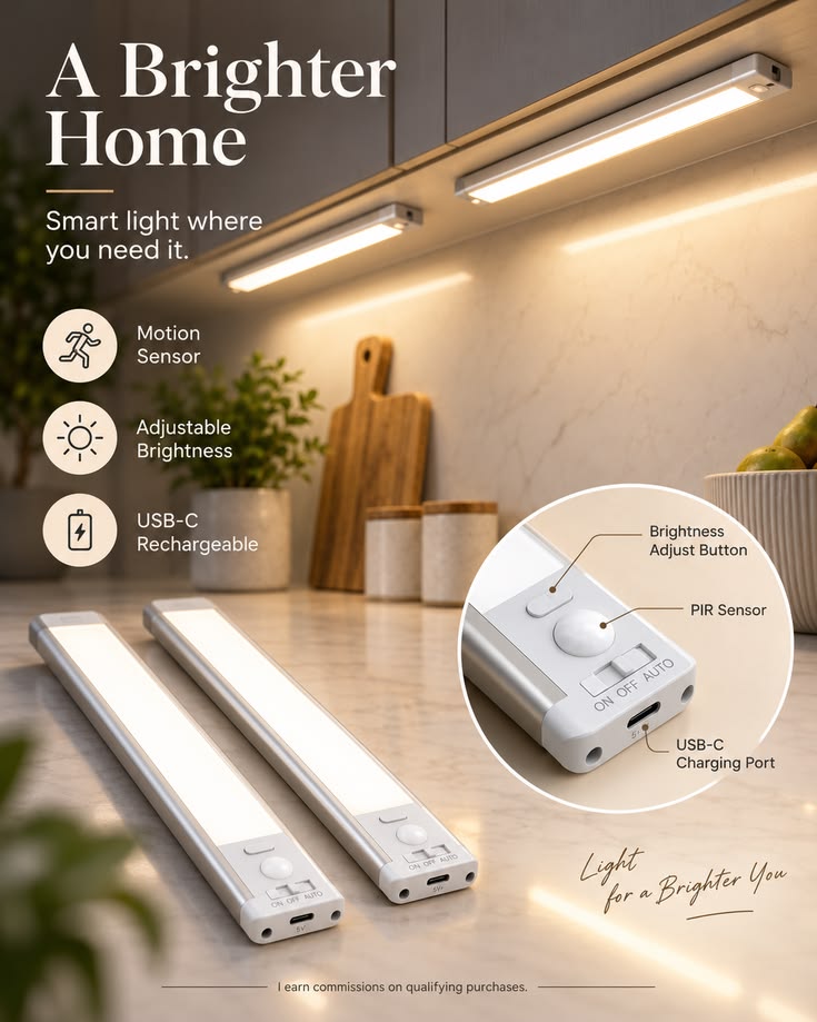 Motion sensor USB-C light bar features diagram with PIR sensor and brightness control