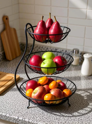 Metal wire 3 tier fruit basket stand with pears and apples