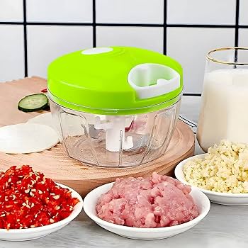 Mini chopper hand pull cord mechanism green lid transparent bowl