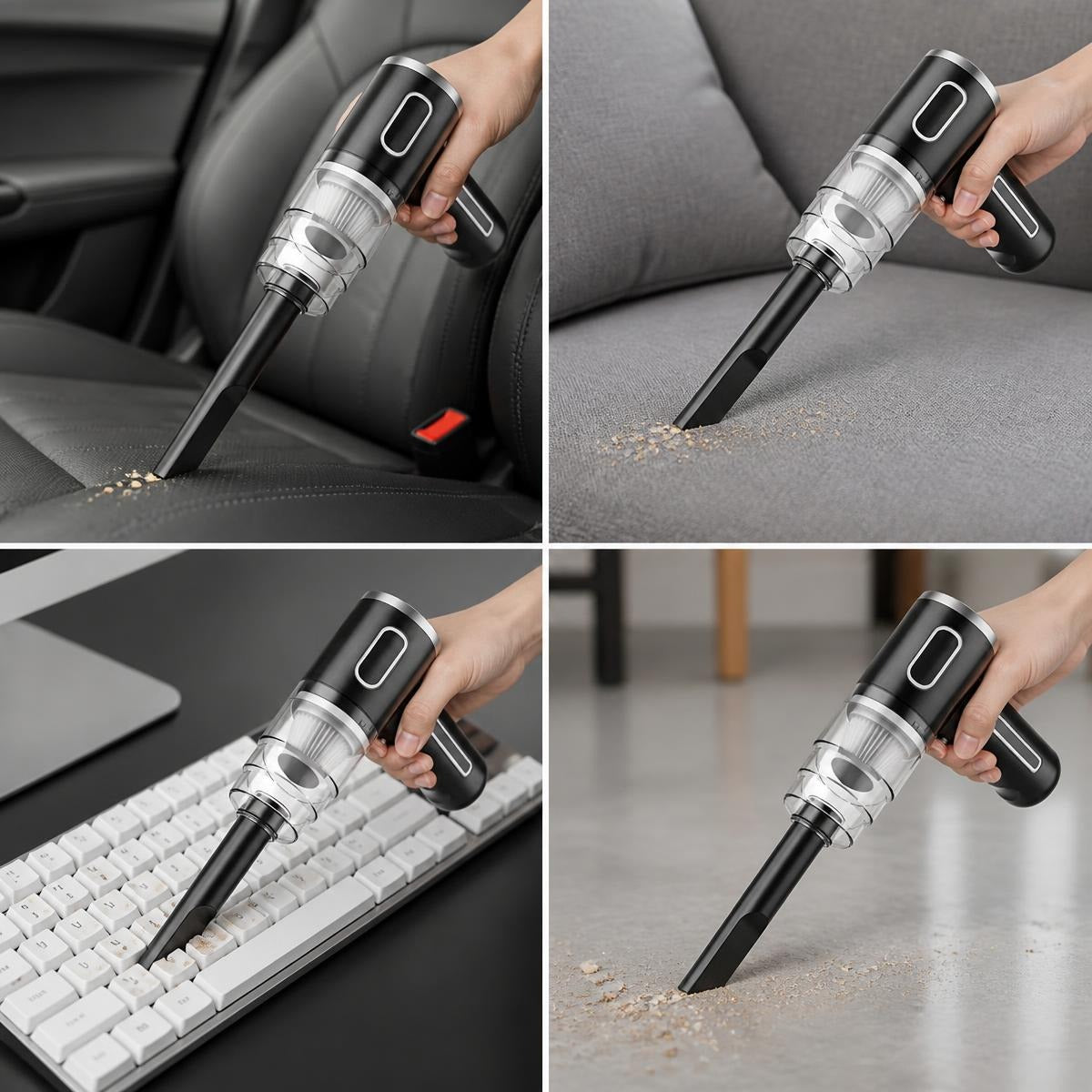 Cordless handheld vacuum cleaning black leather car seat crumbs