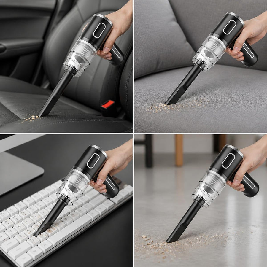 Cordless handheld vacuum cleaning black leather car seat crumbs