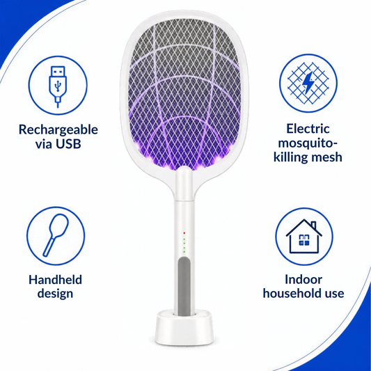 Mosquito killer racket placed on outdoor table at night