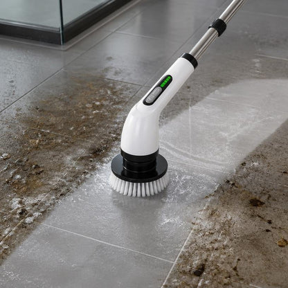 Electric spin scrubber cleaning floor tile grout lines