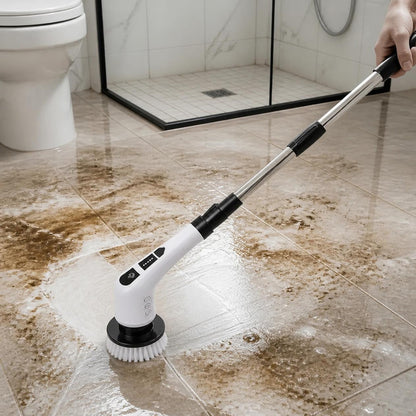 Electric spin scrubber cleaning dirty floor tiles bathroom