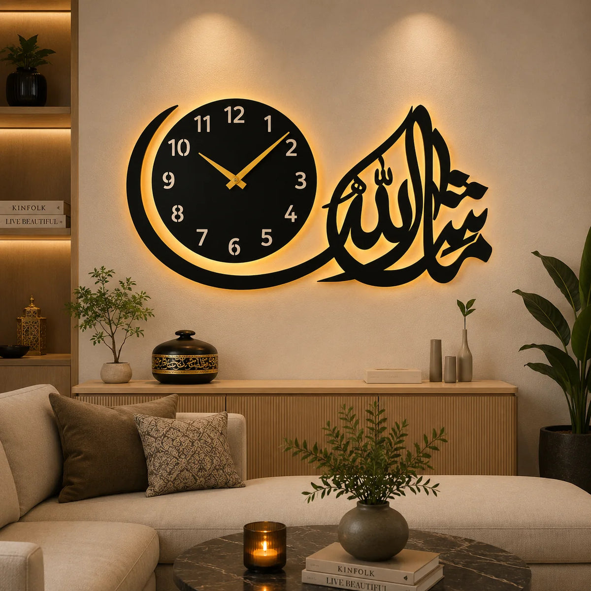 Islamic wooden wall clock mashallah 3D calligraphy LED backlight living room