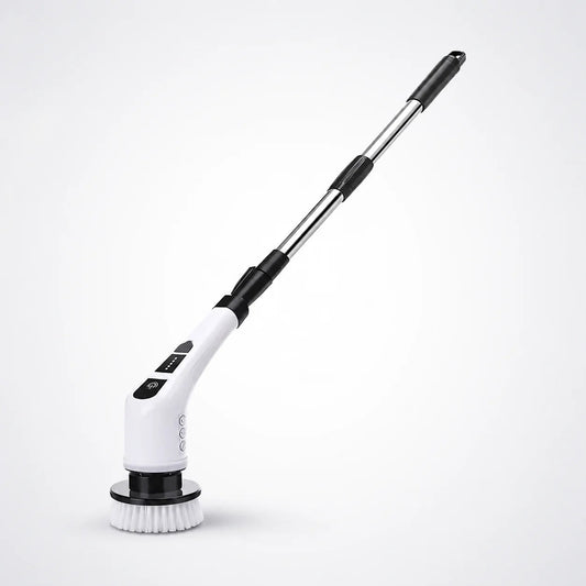 Electric spin scrubber long extendable telescopic handle side view