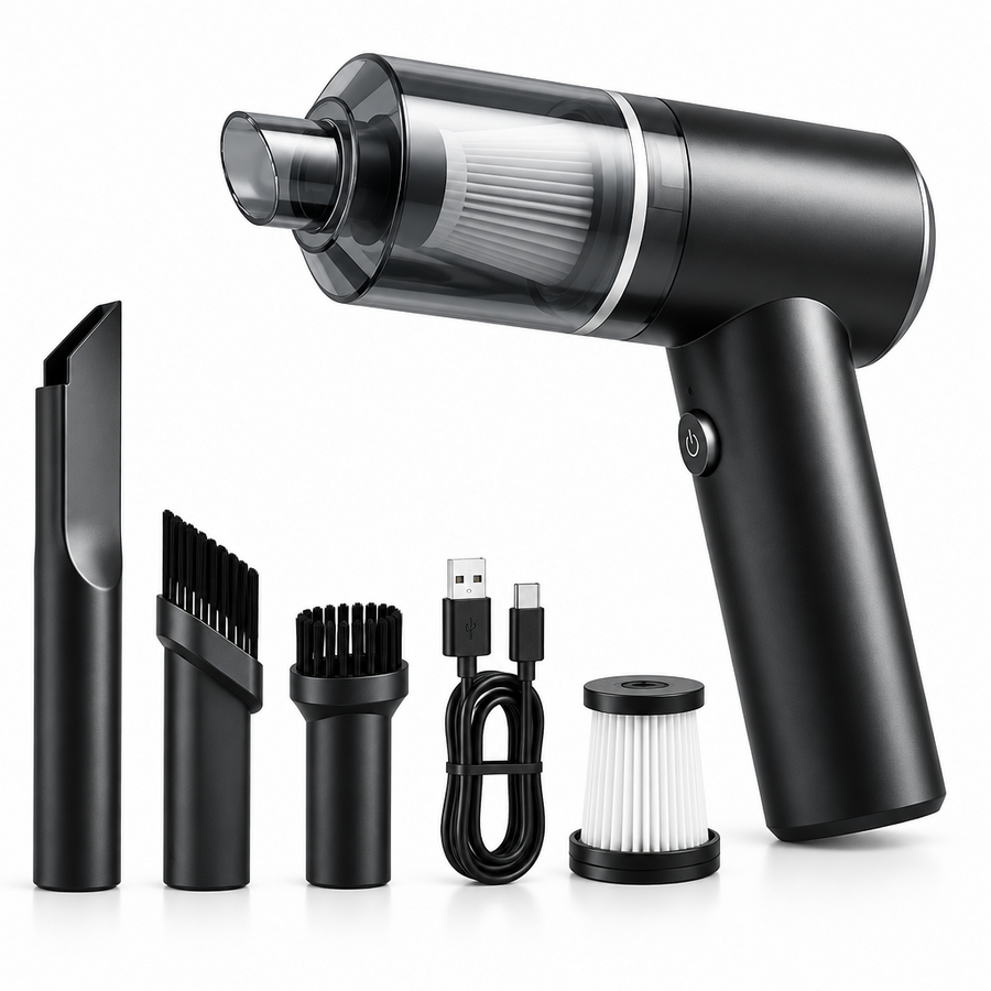 Portable car vacuum cleaner 2 in 1 with HEPA filter brush nozzle USB cable black
