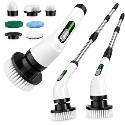 Electric spin scrubber 9 in 1 with 9 brush heads white extendable handle