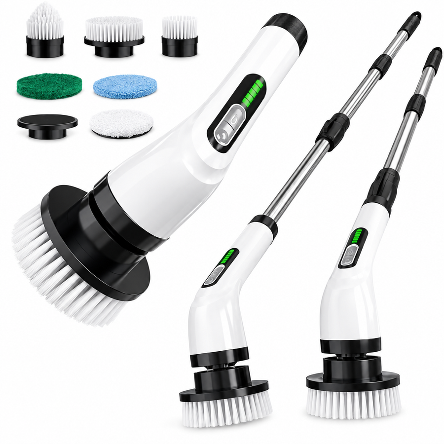 Electric spin scrubber 9 in 1 with 9 brush heads white extendable handle