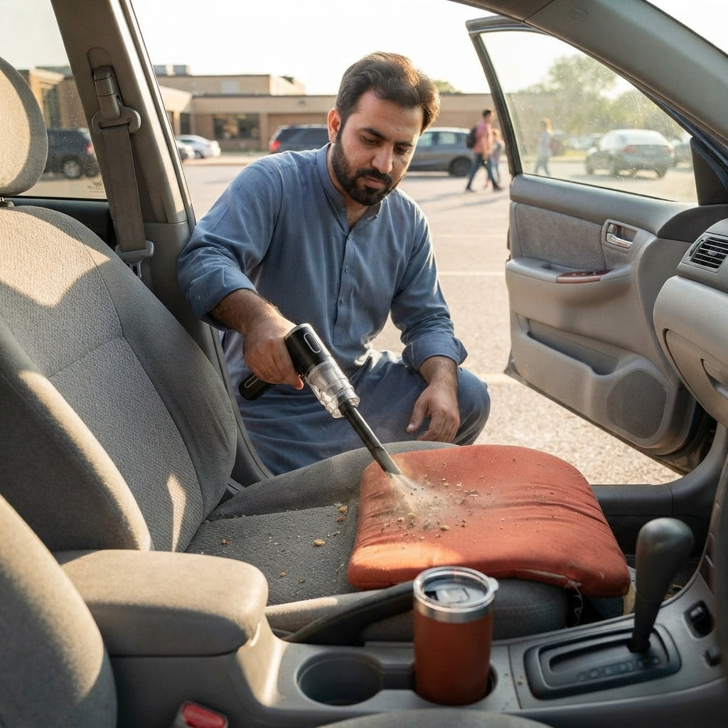 Man cleaning car seat with portable handheld vacuum cleaner Pakistan