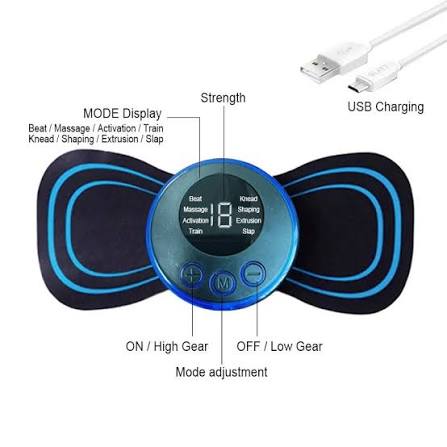 Digital electric mini massager EMS butterfly black blue LED white background