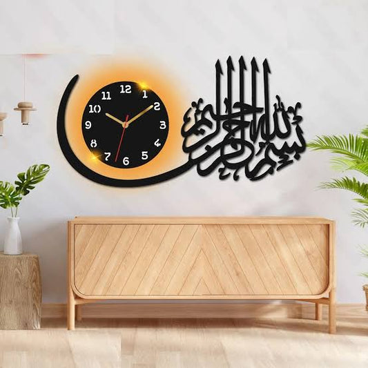 Islamic wall clock bismillah calligraphy butterfly design black acrylic